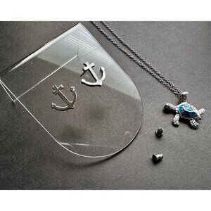 Summer Jewelry Sea Turtle Pendant Blue Opal Turtle Necklace & Anchor Earrings